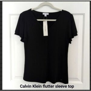 Calvin Klein Spring Black Flutter Cap Sleeve Top Medium Dressy Blouse Spring